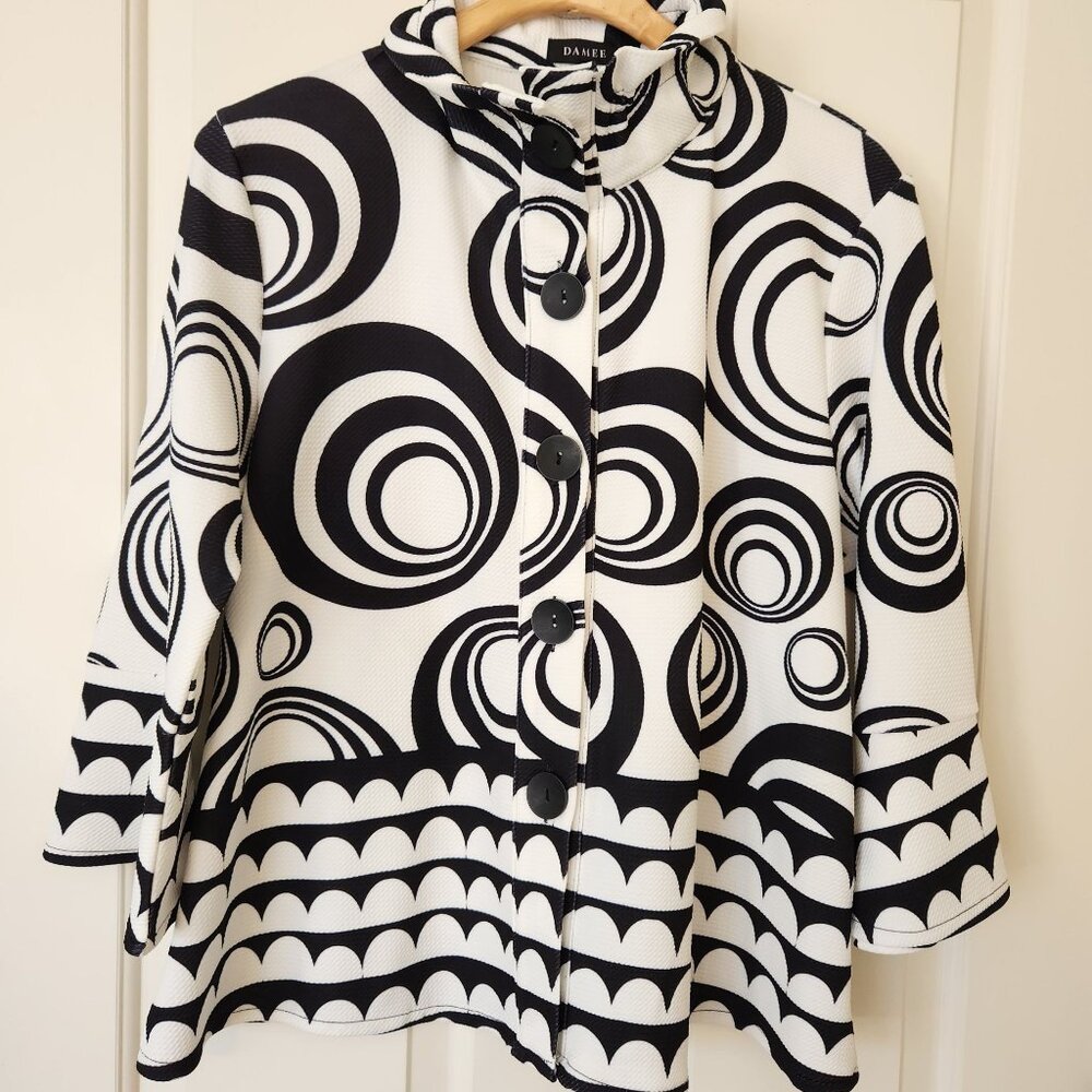Damee Short Jacket Blazer Black White Geometric Circle Print Art Modern Unique M